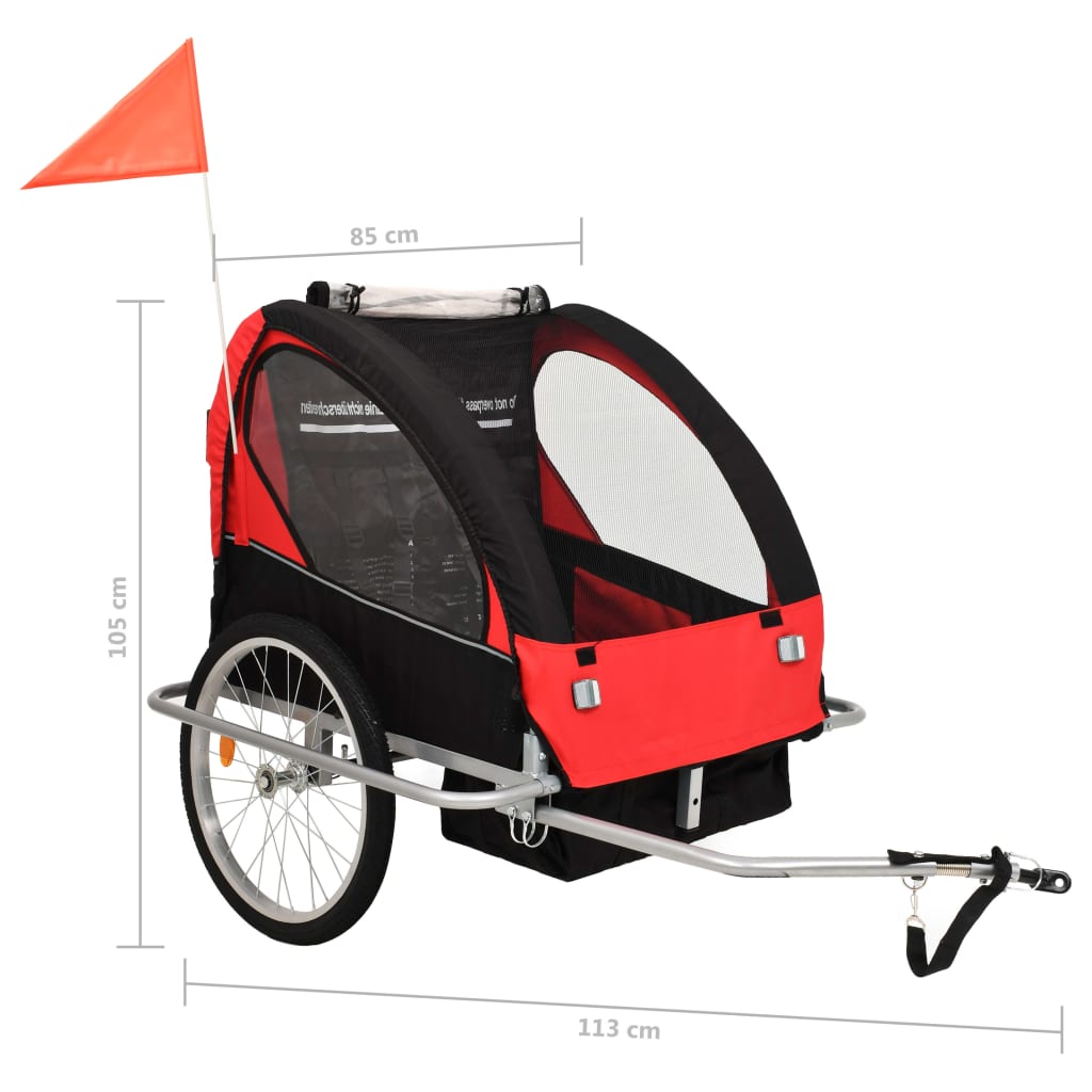 2-in-1 Bike Trailer & Stroller Black and Red