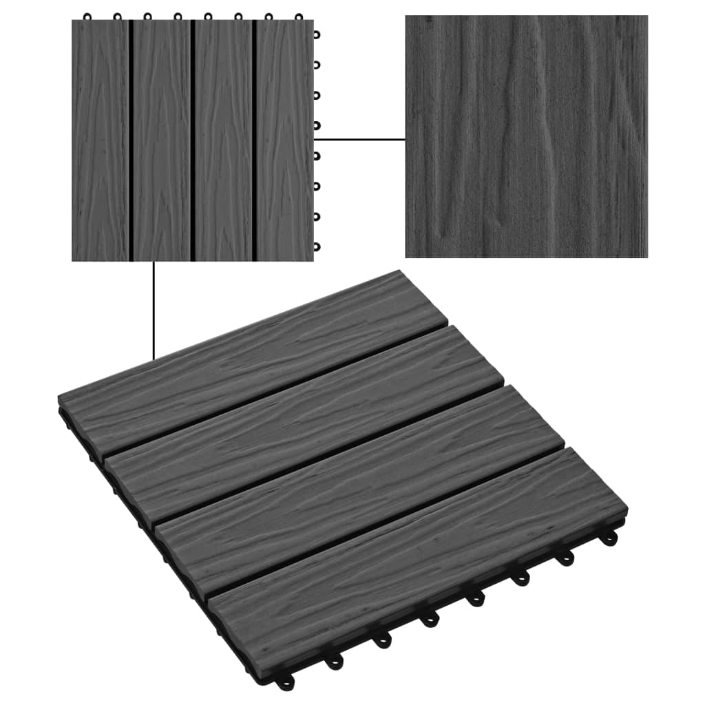 11 pcs Decking Tiles Deep Embossed WPC 30x30 cm 1 sqm Black