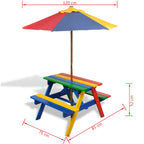 Kids' Picnic Table with Benches and Parasol Multicolour Wood