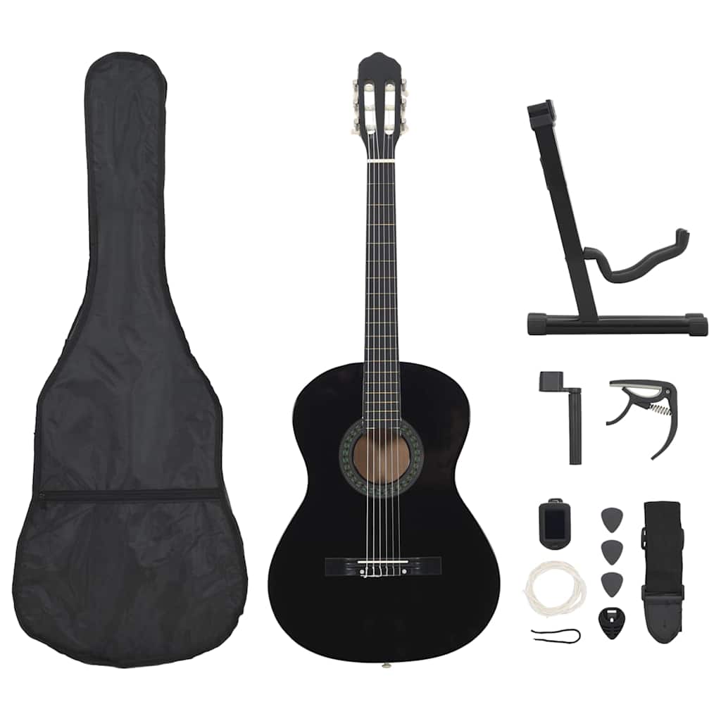 12 Piece Classical Guitar Beginner Set Black 4/4 39"
