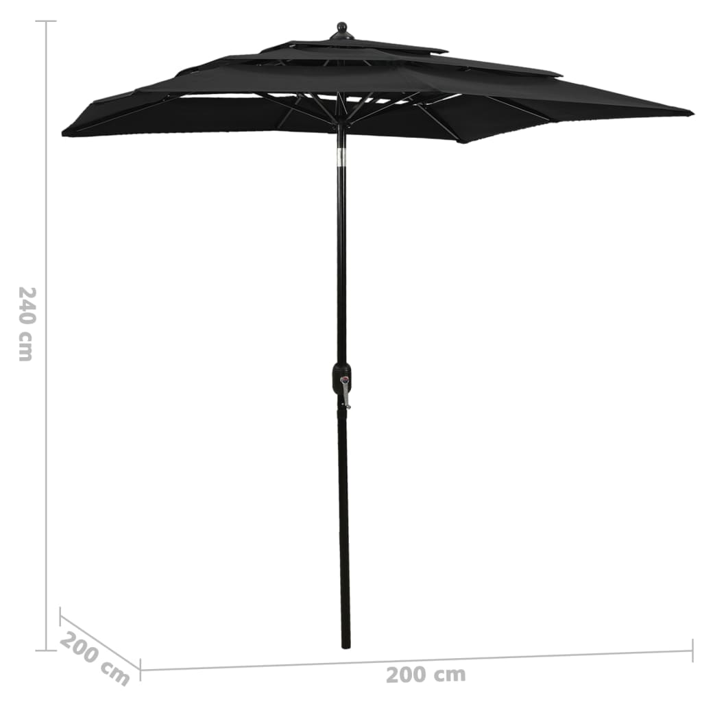 3-Tier Garden Parasol with Aluminium Pole Black 2x2 m