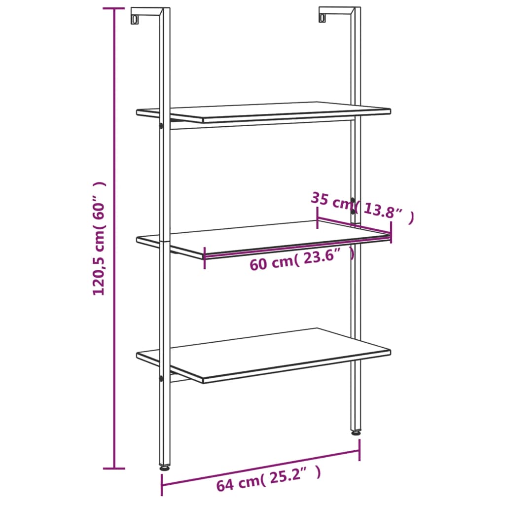 3-Tier Leaning Shelf Black 64x35x120.5 cm