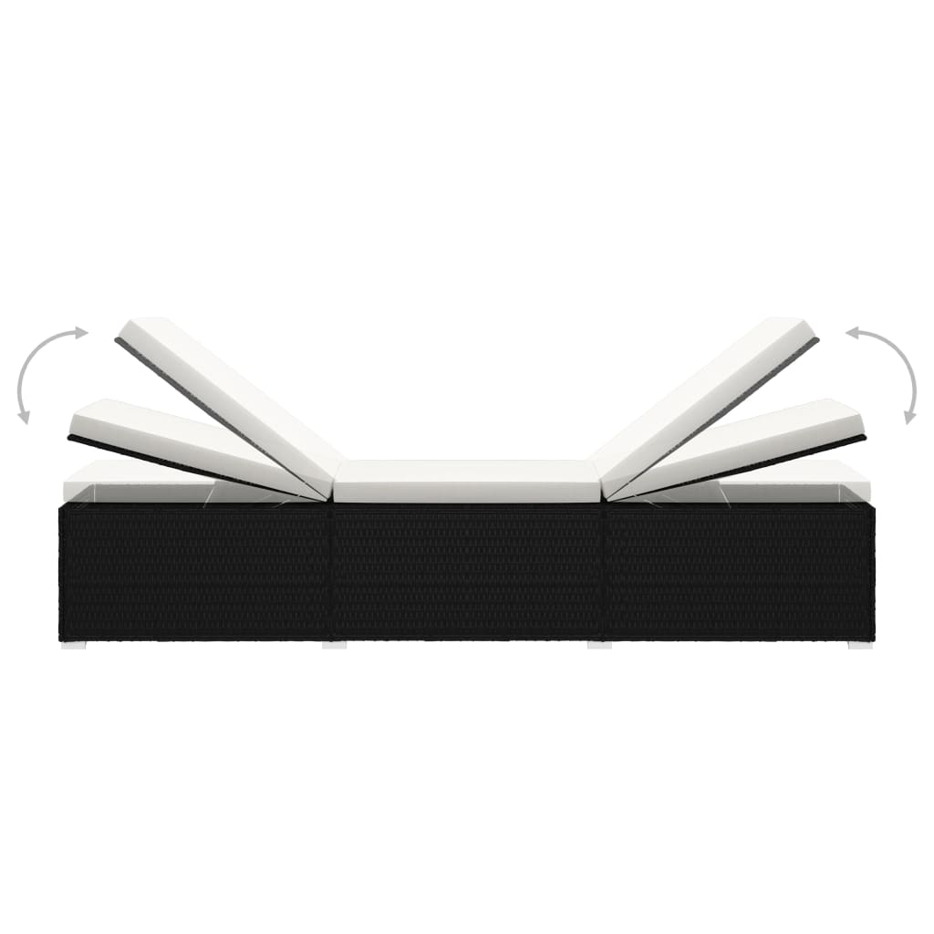 Sun Lounger with Cushion and Tea Table Poly Rattan Black