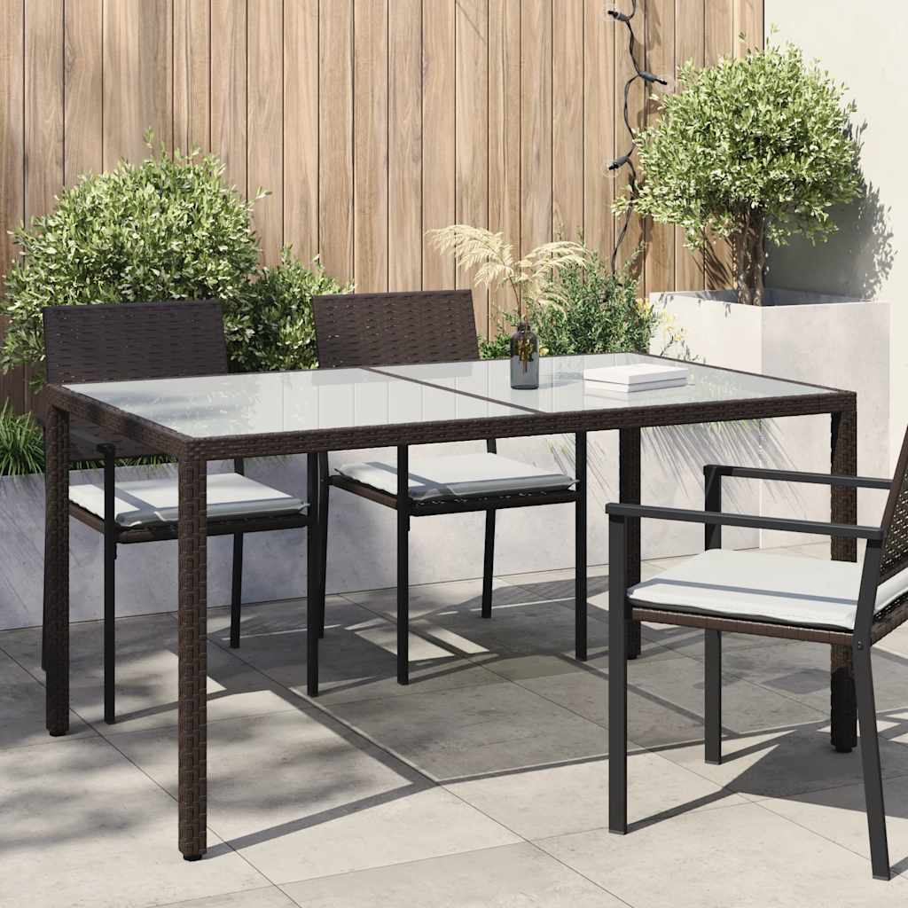 Garden Table 150x90x75 cm Tempered Glass and Poly Rattan Brown