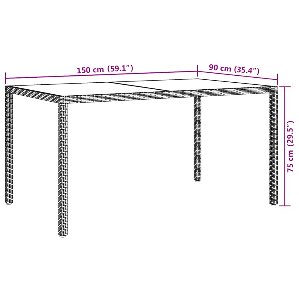 Garden Table 150x90x75 cm Tempered Glass and Poly Rattan Grey