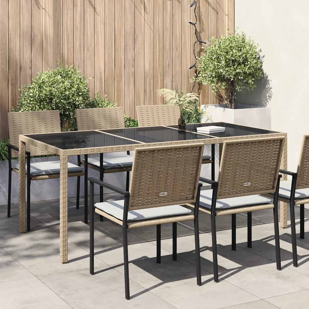 Garden Table Beige 190x90x75 cm Tempered Glass and Poly Rattan