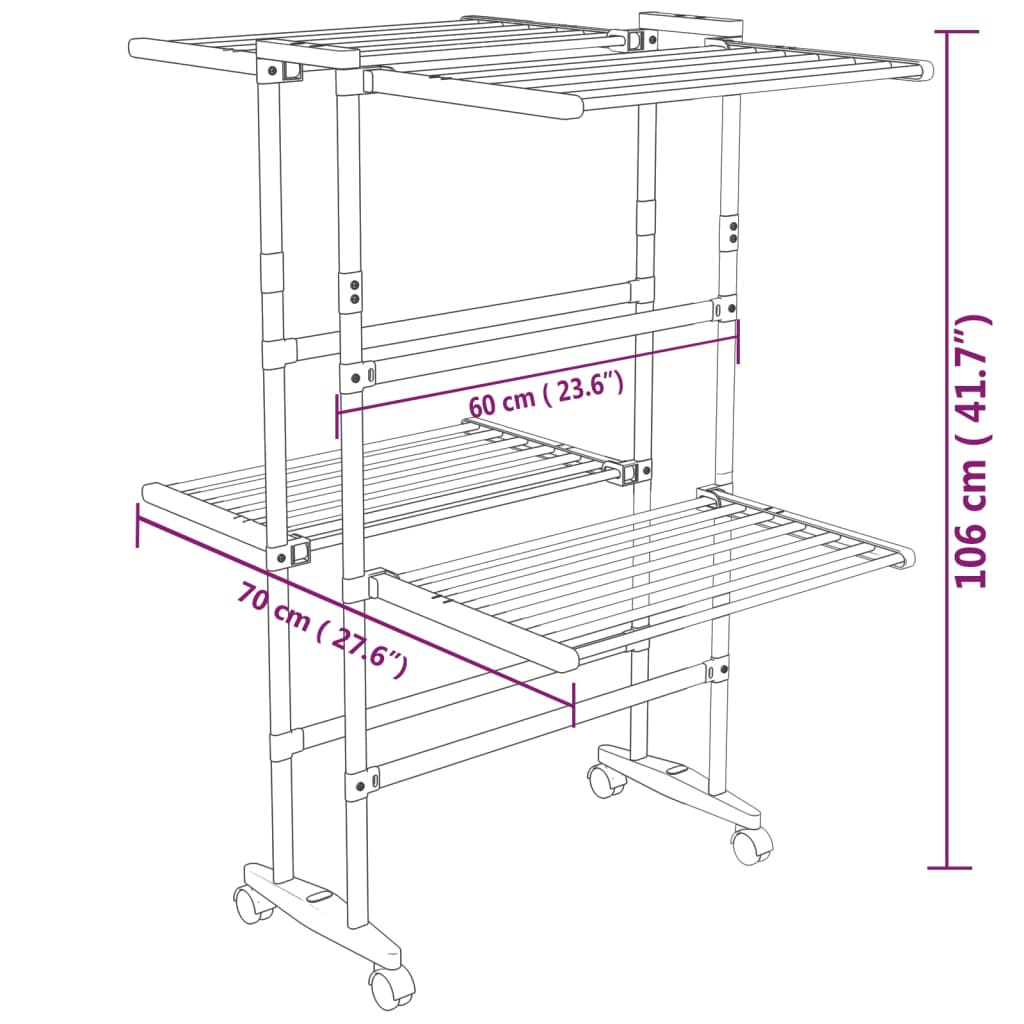 2-Tier Laundry Drying Rack with Wheels Silver 60x70x106 cm