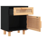 Bedside Cabinet Black Solid Wood Pine and Natural Rattan