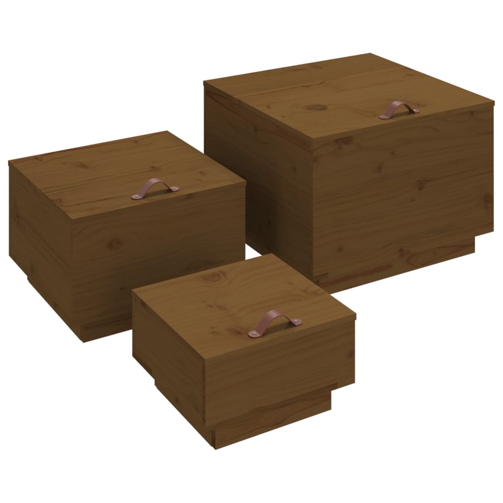 Storage Boxes with Lids 3 pcs Honey Brown Solid Wood Pine
