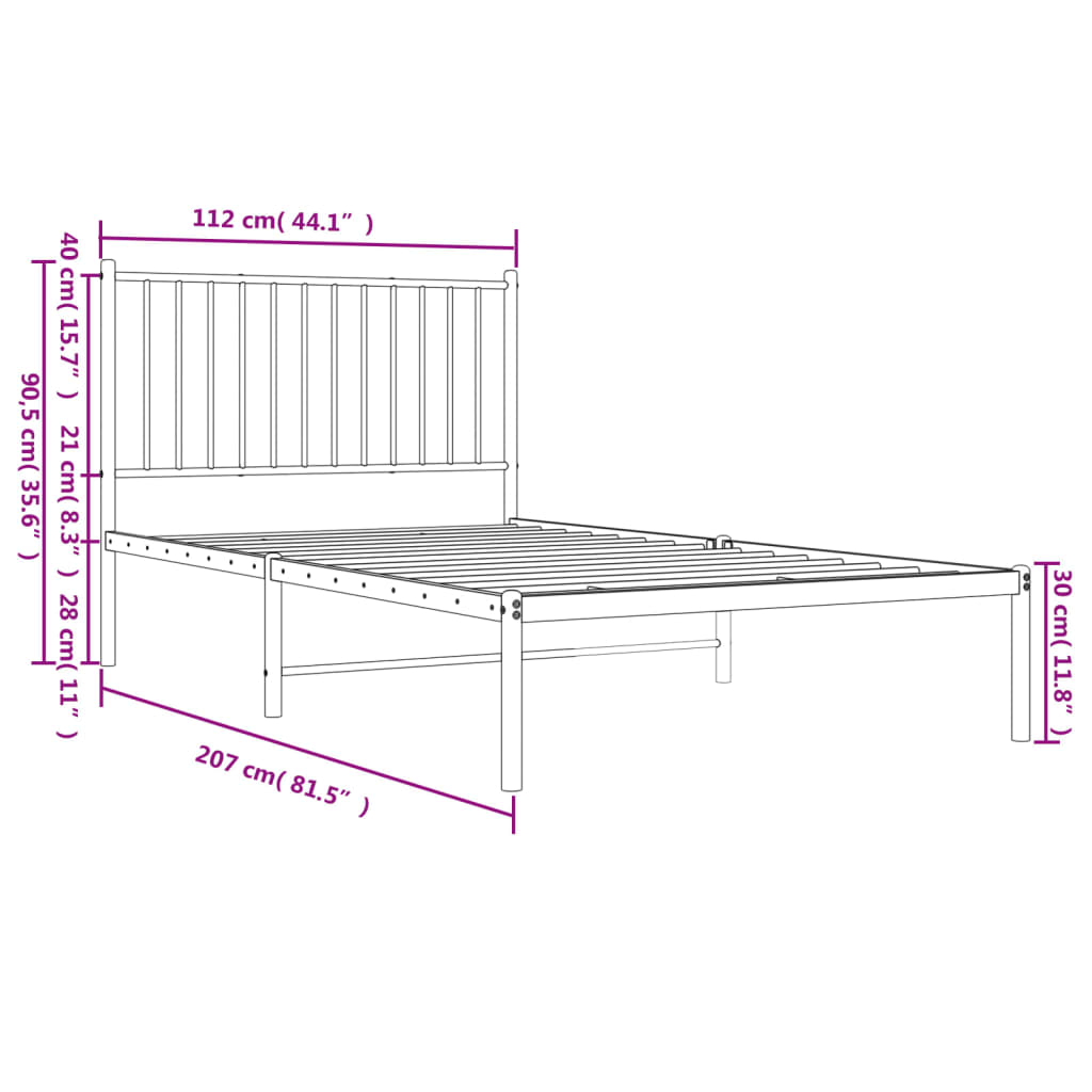 Metal Bed Frame without Mattress with Headboard White 107x203cm