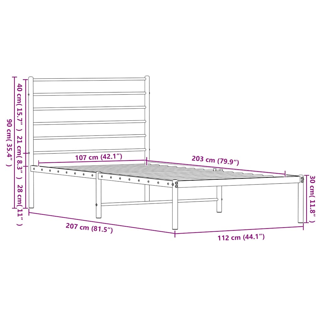 Metal Bed Frame without Mattress with Headboard Black 107x203cm