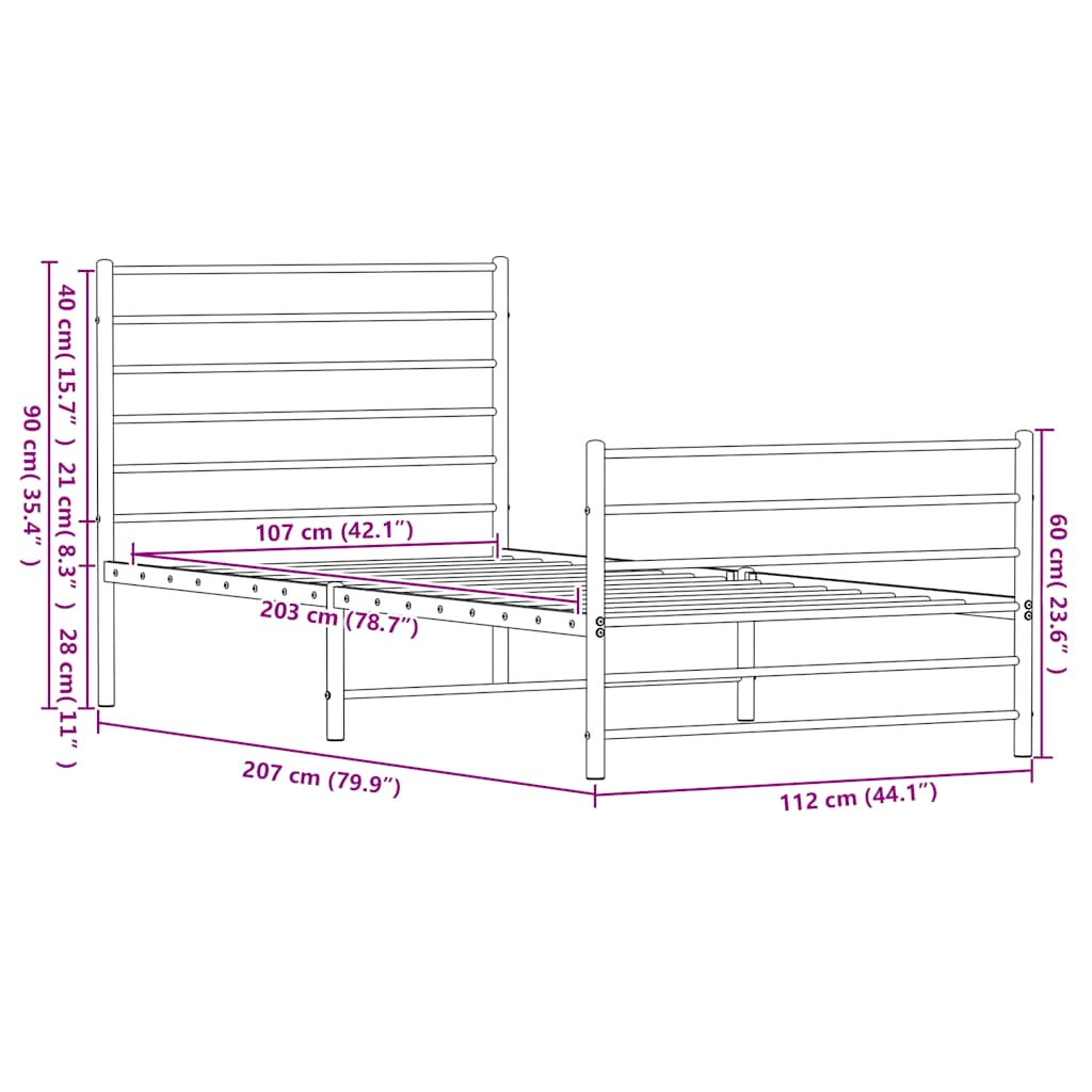 Metal Bed Frame without Mattress with Footboard Black 107x203cm