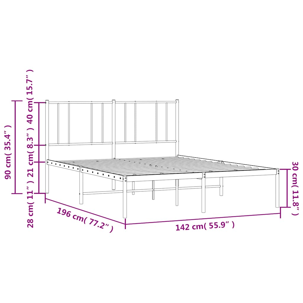 Metal Bed Frame without Mattress with Headboard Black 135x190cm