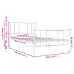 Metal Bed Frame without Mattress with Footboard White 75x190cm