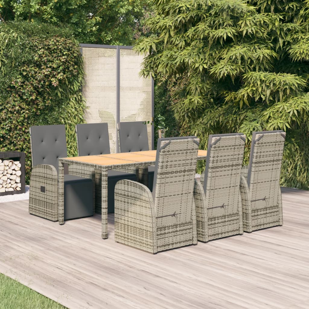 7 Piece Garden Dining Set Grey Poly Rattan&Solid Wood Acacia
