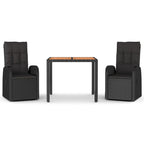 3 Piece Garden Dining Set Black Poly Rattan&Solid Wood Acacia
