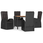 5 Piece Garden Dining Set Black Poly Rattan&Solid Wood Acacia