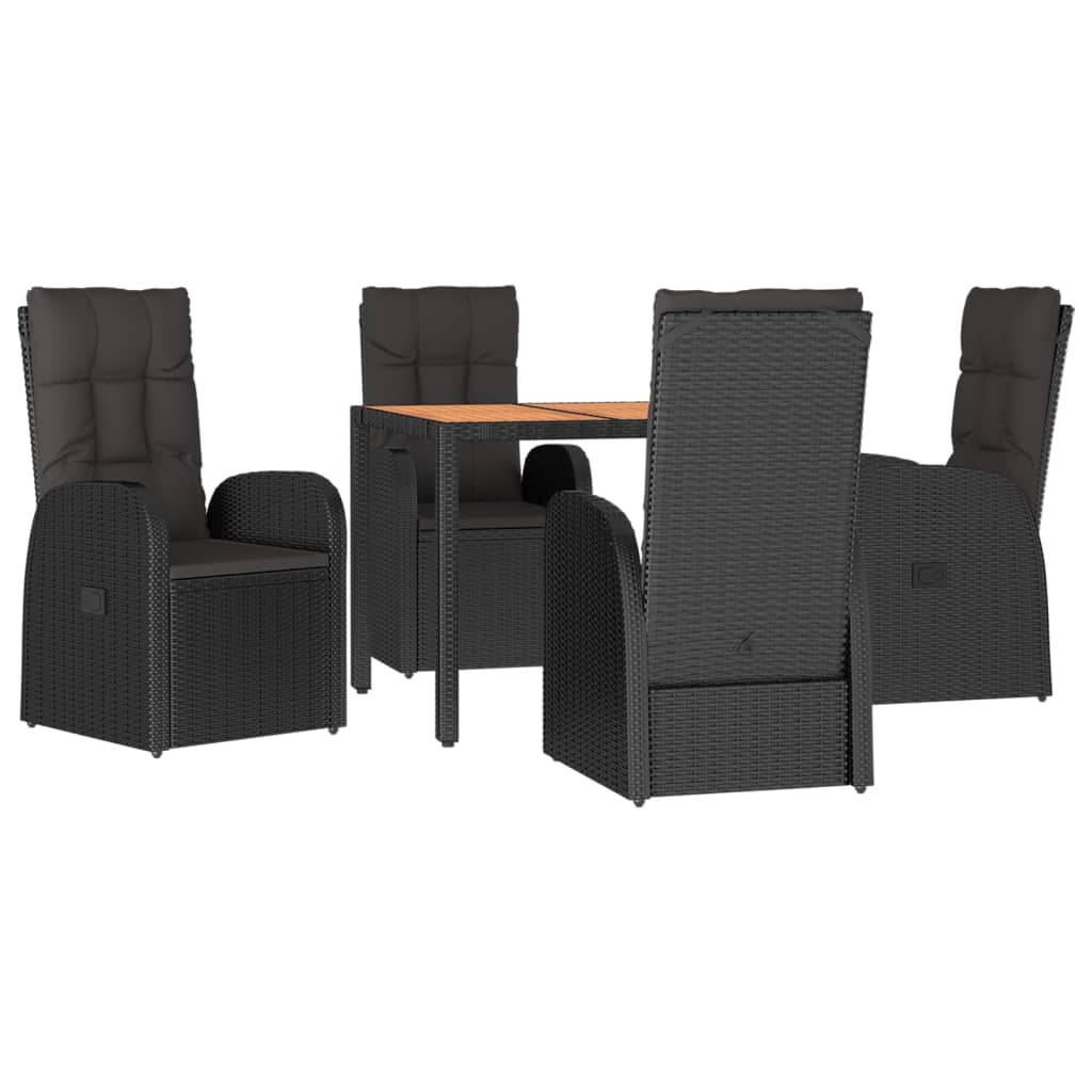 5 Piece Garden Dining Set Black Poly Rattan&Solid Wood Acacia