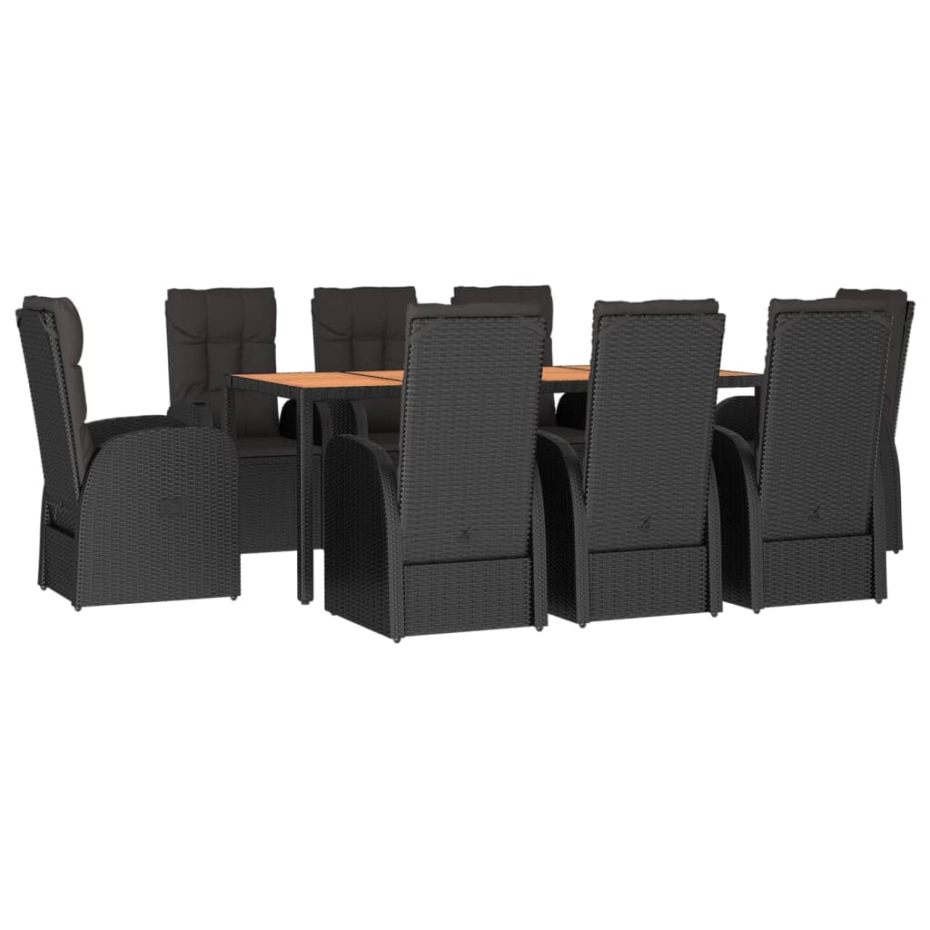 9 Piece Garden Dining Set Black Poly Rattan&Solid Wood Acacia