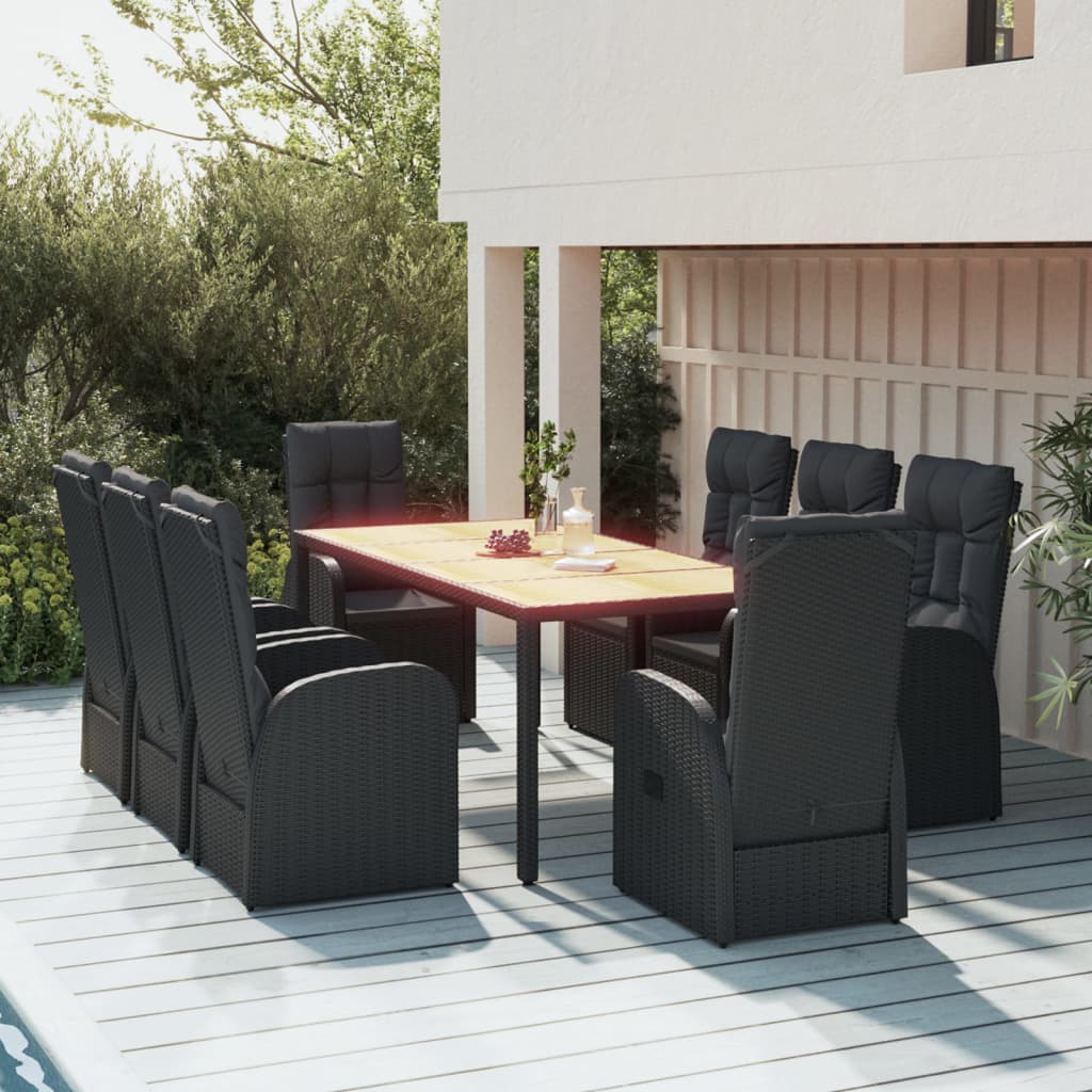 9 Piece Garden Dining Set Black Poly Rattan&Solid Wood Acacia