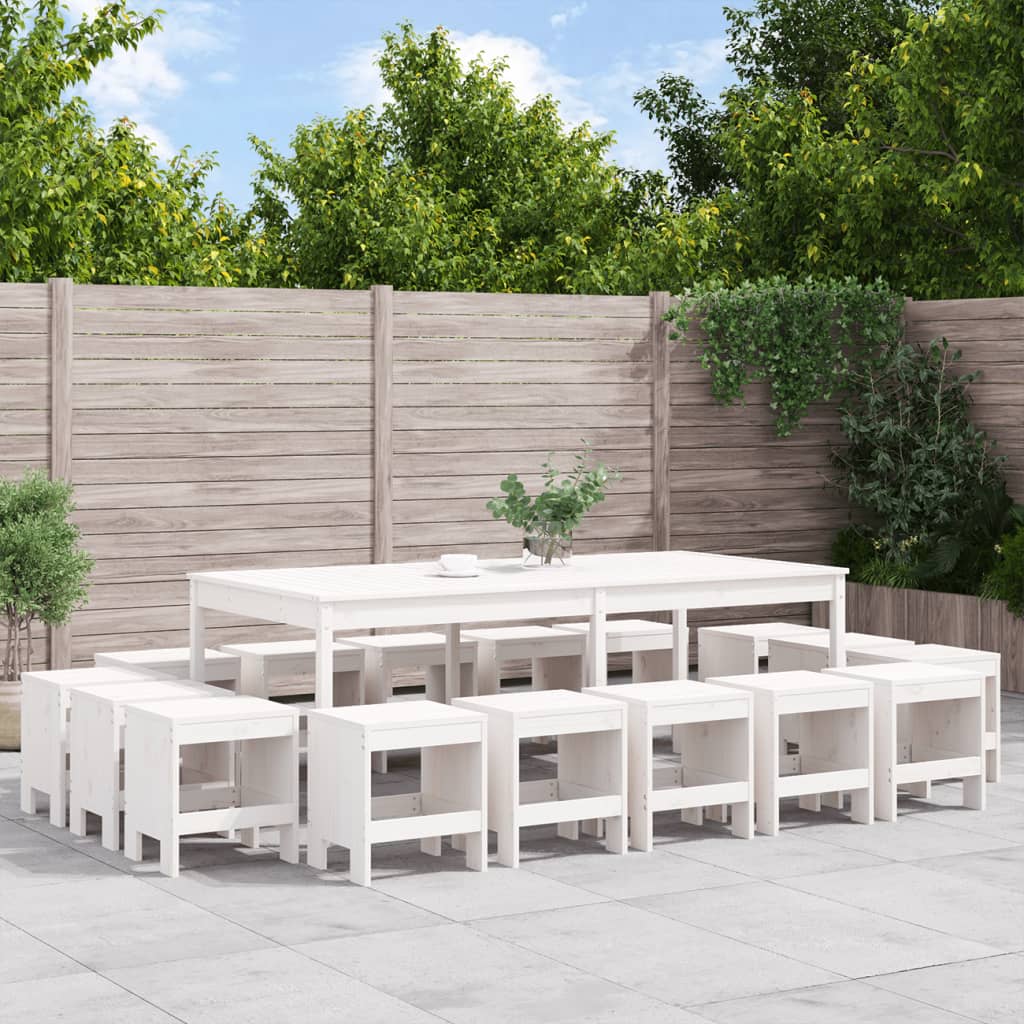 17 Piece Garden Dining Set White Solid Wood Pine