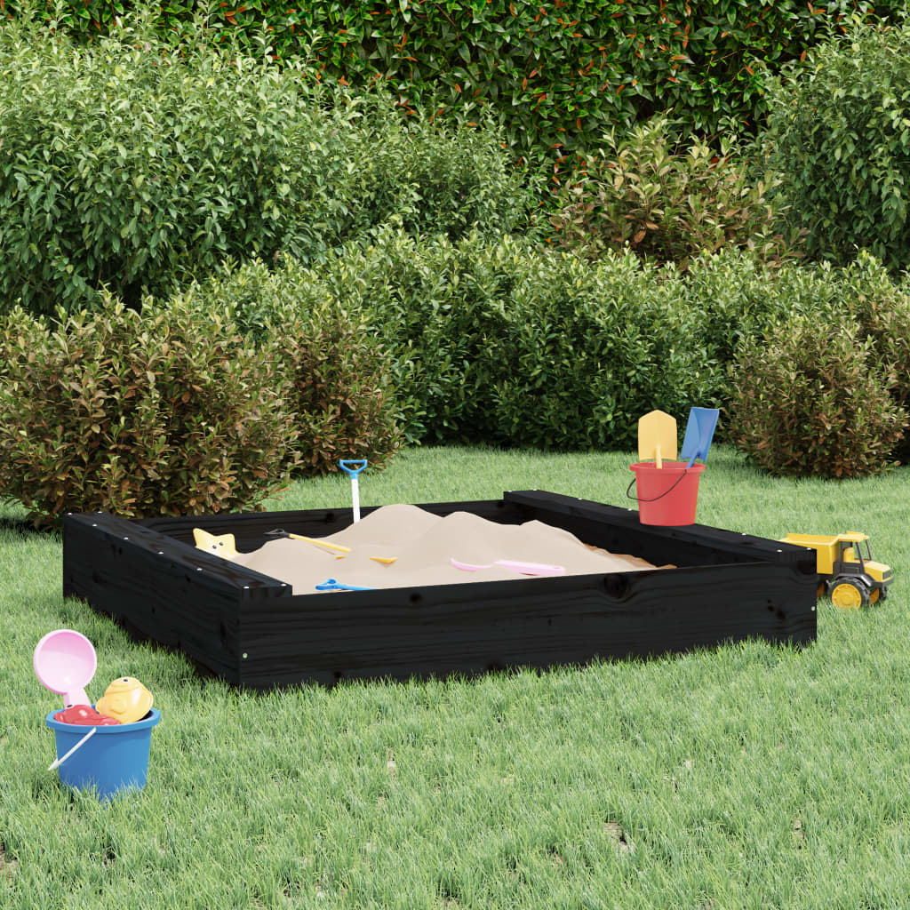 Sandbox with Seats Black Square Solid Wood Pine