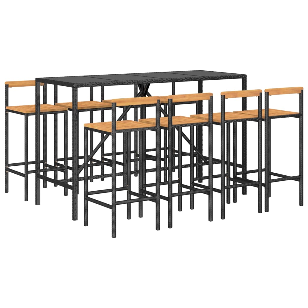 9 Piece Garden Bar Set Black Poly Rattan& Solid Wood Acacia