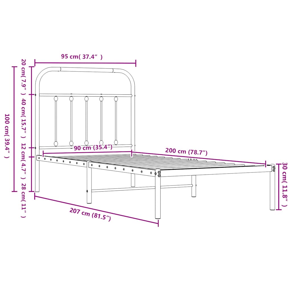 Metal Bed Frame without Mattress with Headboard Black 90x200cm