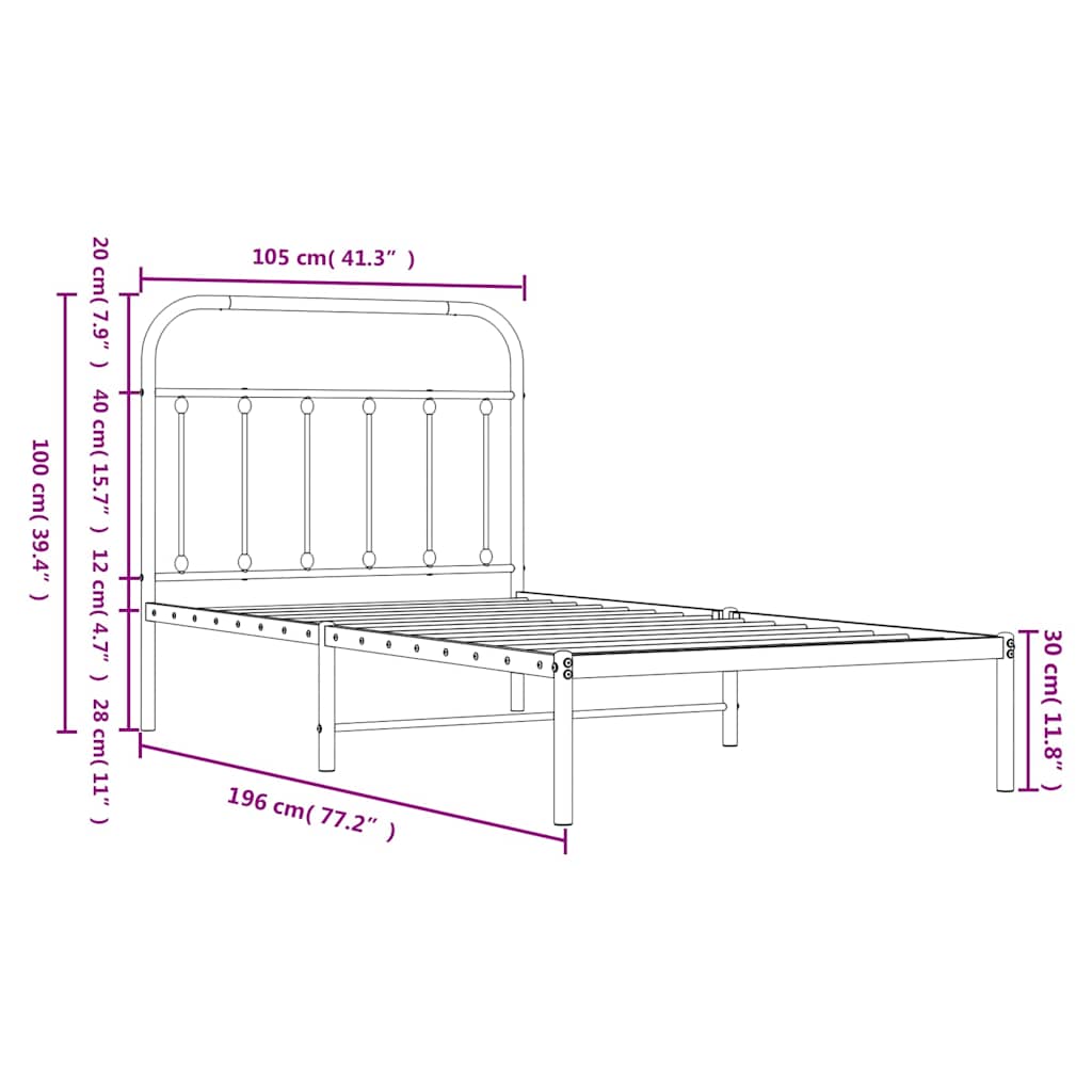 Metal Bed Frame without Mattress with Headboard White 100x190cm