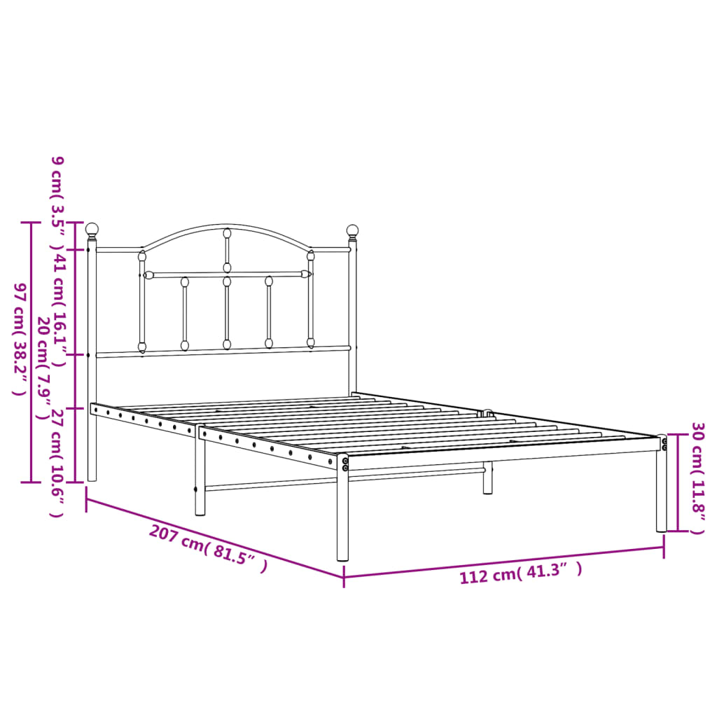 Metal Bed Frame without Mattress with Headboard Black 107x203cm