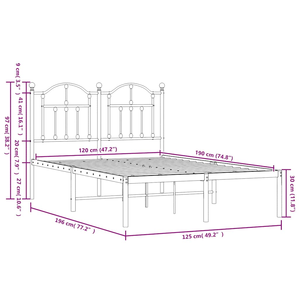 Metal Bed Frame without Mattress with Headboard Black 120x190cm