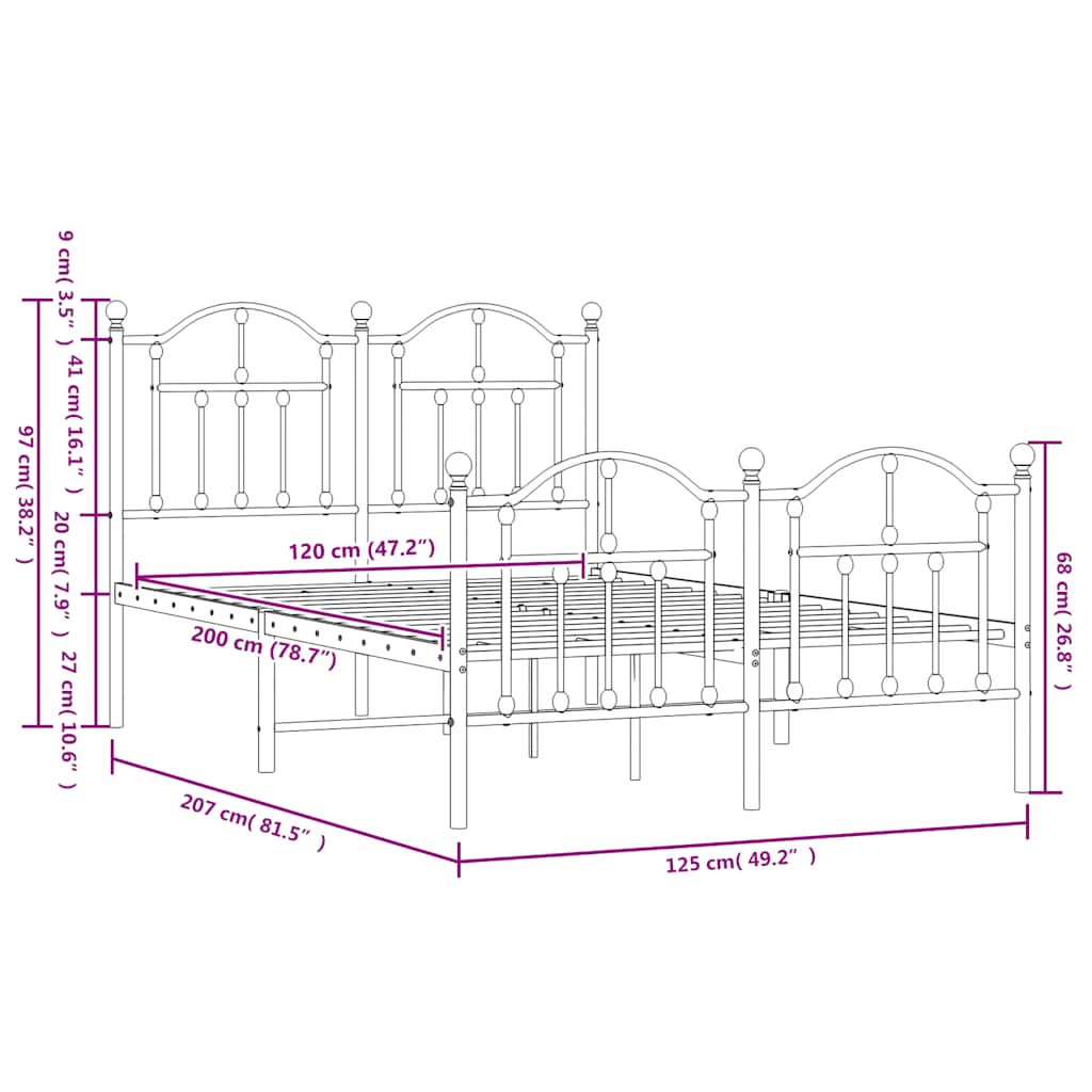 Metal Bed Frame without Mattress with Footboard White 120x200cm