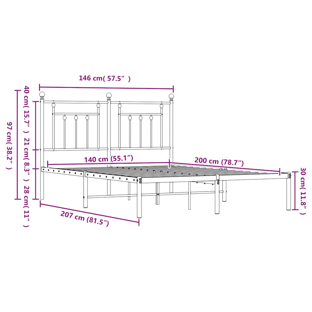 Metal Bed Frame without Mattress with Headboard Black 140x200cm