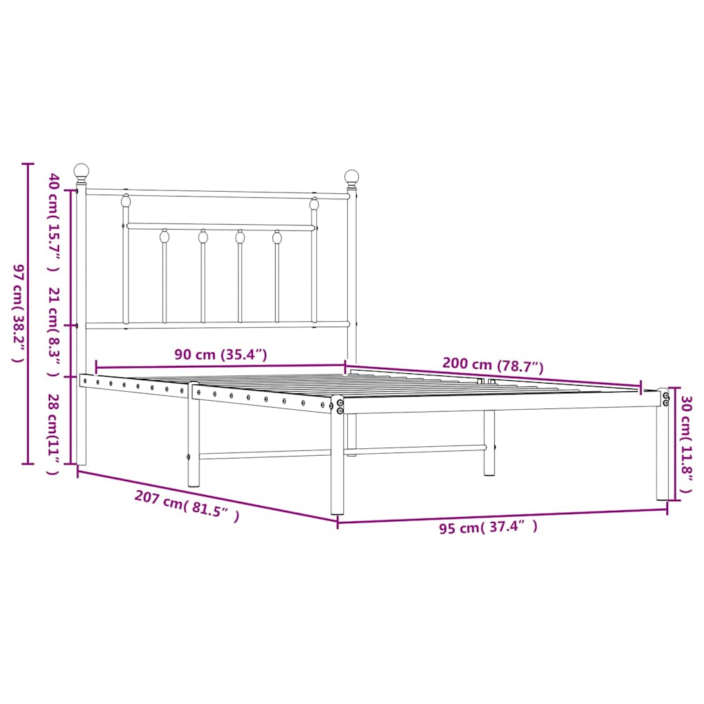 Metal Bed Frame without Mattress with Headboard White 90x200cm