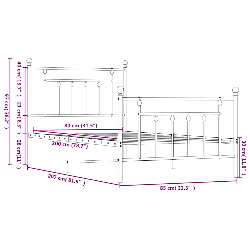 Metal Bed Frame without Mattress with Footboard White 80x200cm