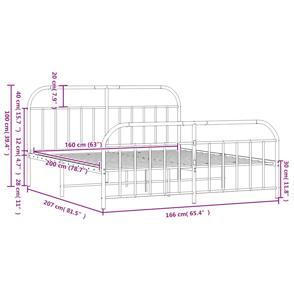 Metal Bed Frame without Mattress with Footboard White 160x200cm