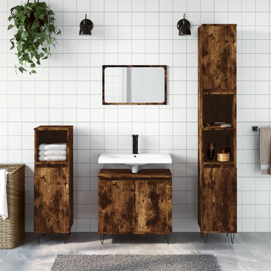 3 Piece Bathroom Cabinet Set Smoked Oak Engineered Wood