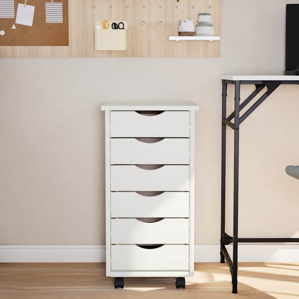 Rolling Cabinet with Drawers MOSS White Solid Wood Pine