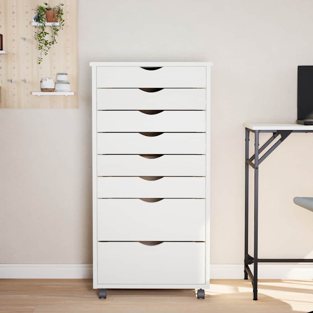 Rolling Cabinet with Drawers MOSS White Solid Wood Pine