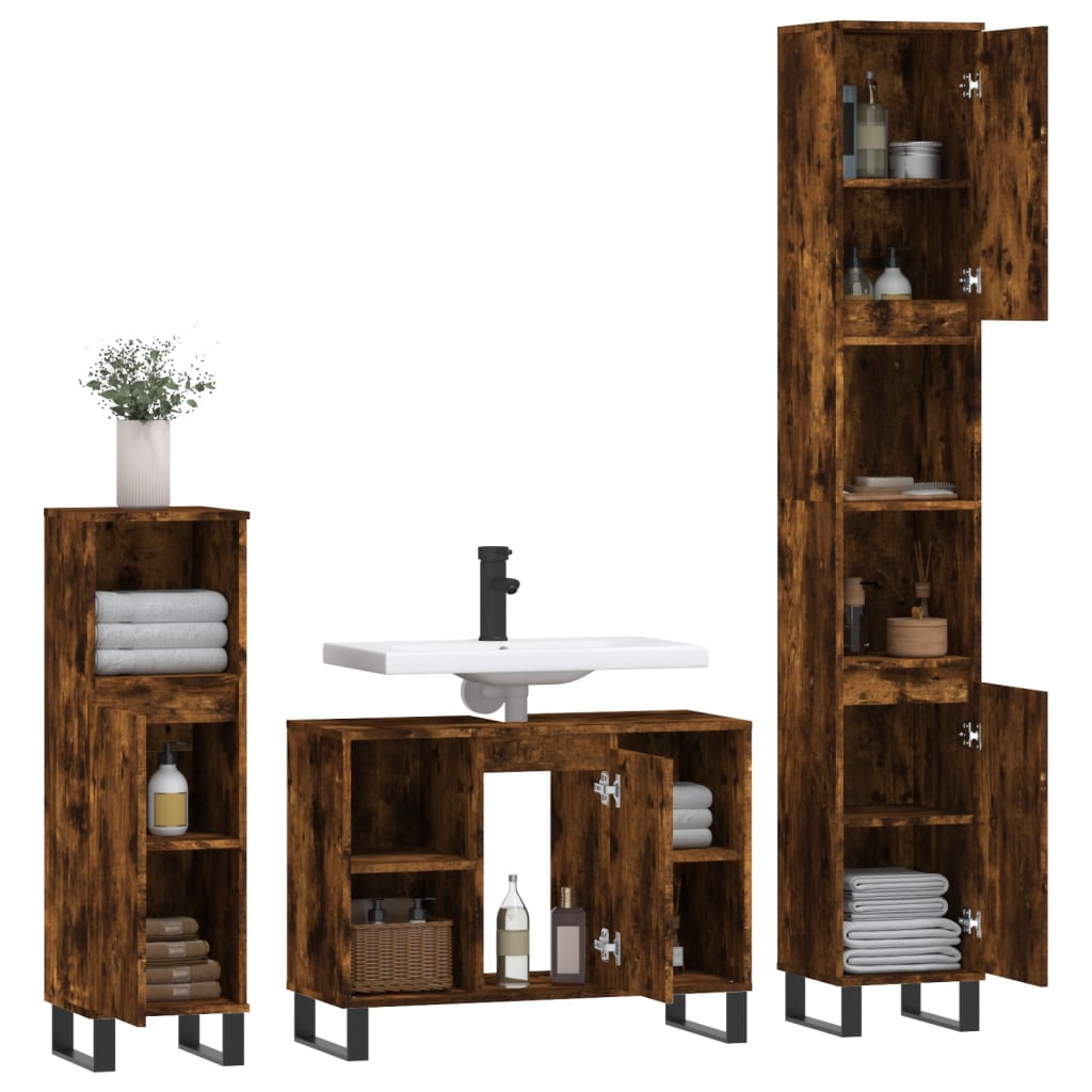 3 Piece Bathroom Furniture Set Smoked Oak Engineered Wood