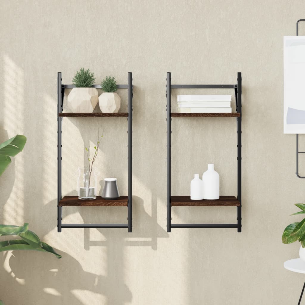 2-Tier Wall Shelves with Bars 2 pcs Brown Oak 30x25x65 cm