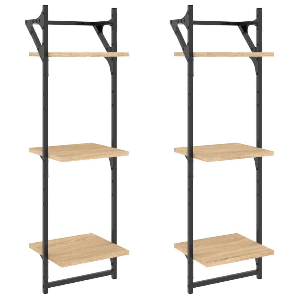 3-Tier Wall Shelves with Bars 2 pcs Sonoma Oak 30x25x100 cm