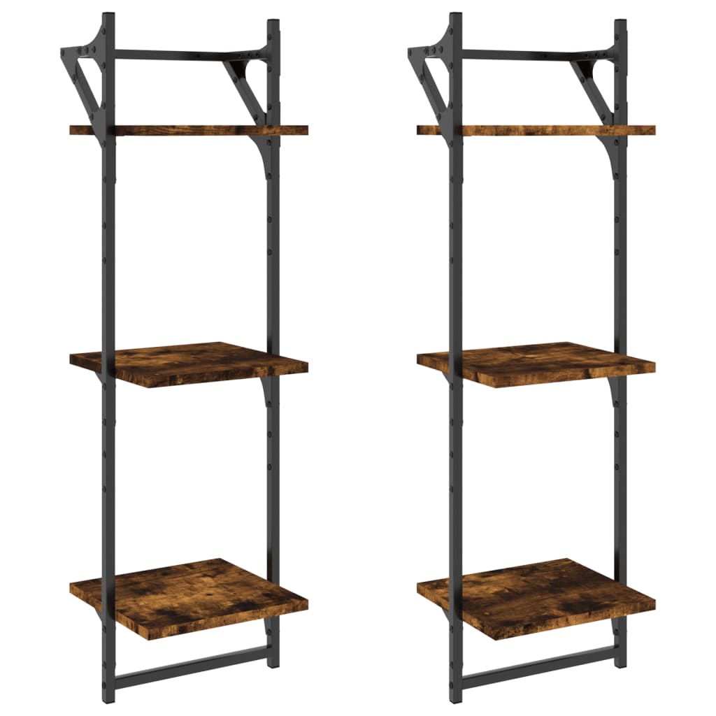 3-Tier Wall Shelves with Bars 2 pcs Smoked Oak 30x25x100 cm