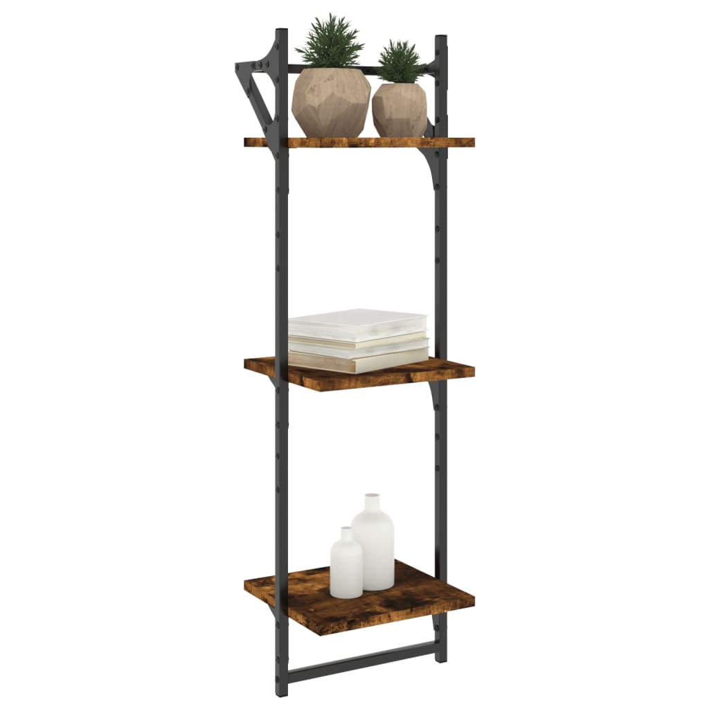 3-Tier Wall Shelves with Bars 2 pcs Smoked Oak 30x25x100 cm
