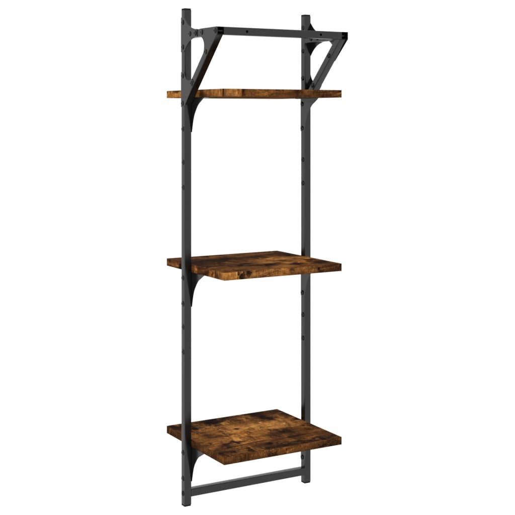 3-Tier Wall Shelves with Bars 2 pcs Smoked Oak 30x25x100 cm