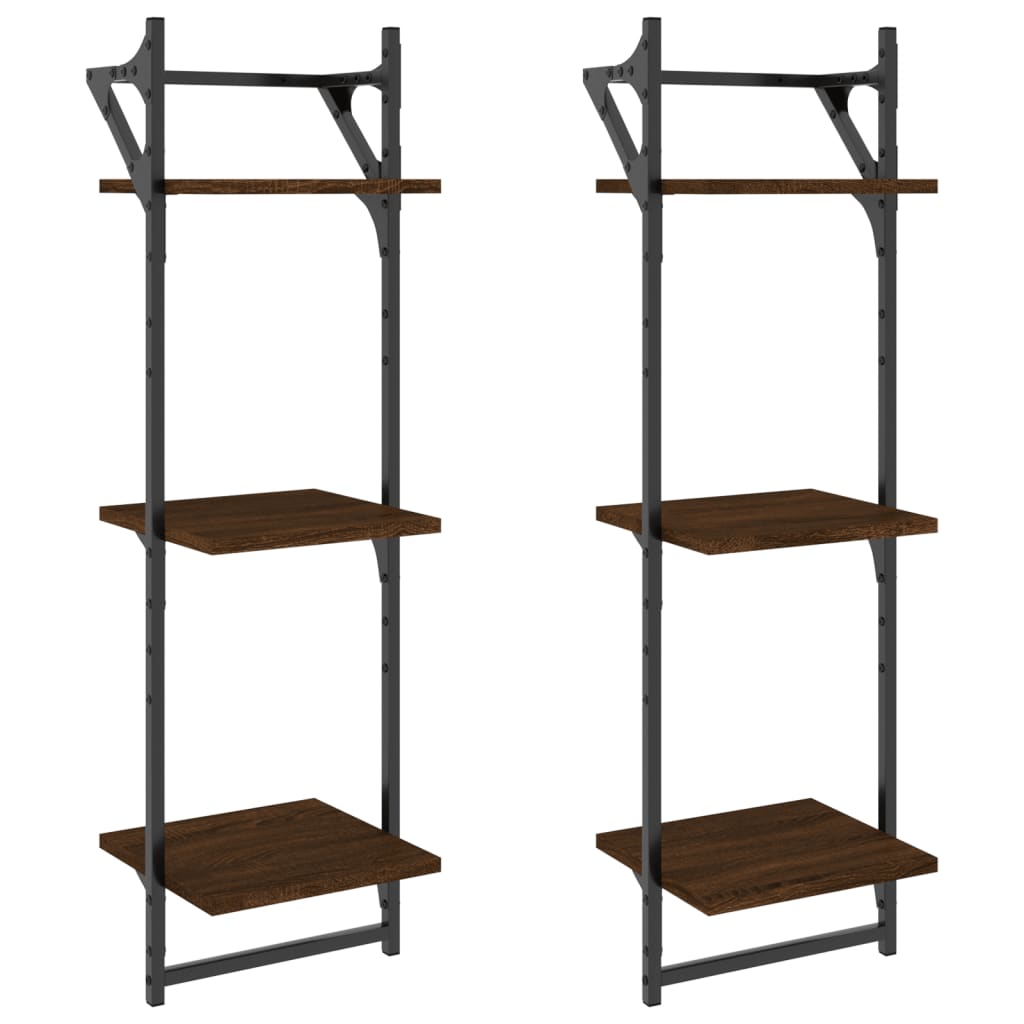 3-Tier Wall Shelves with Bars 2 pcs Brown Oak 30x25x100 cm
