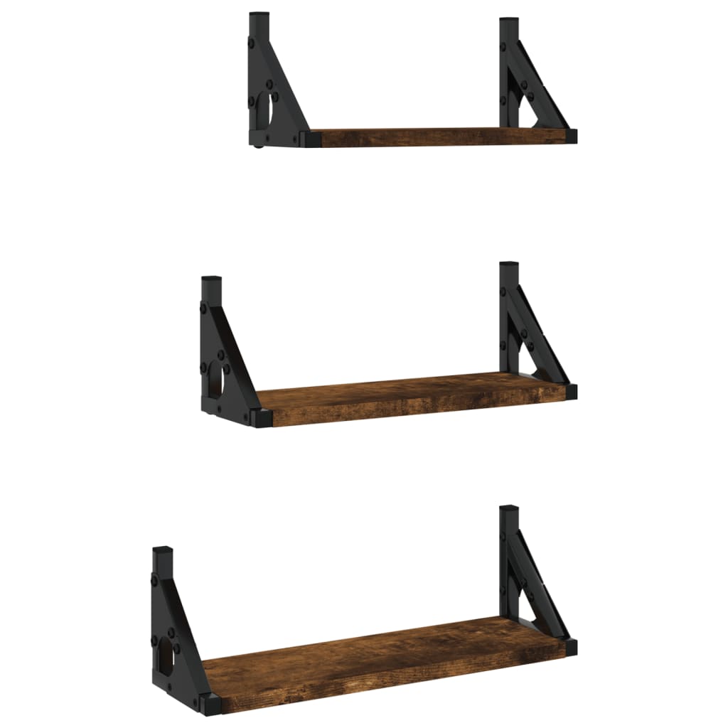 3 Piece Wall Shelf Set Smoked Oak Engineered Wood