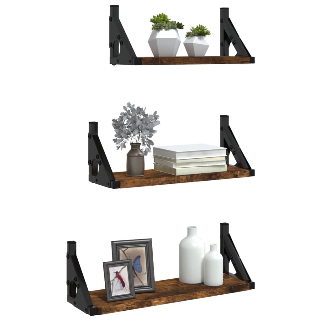 3 Piece Wall Shelf Set Smoked Oak Engineered Wood