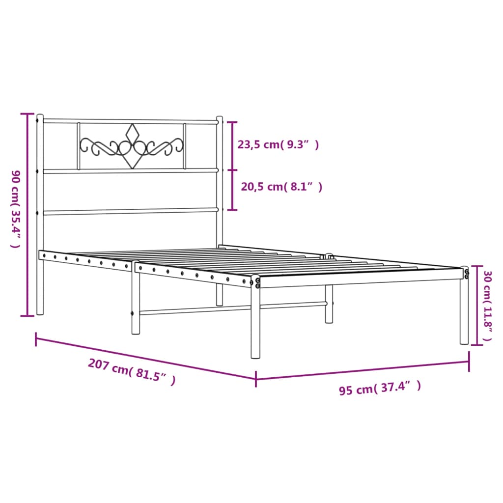 Metal Bed Frame without Mattress with Headboard White 90x200cm