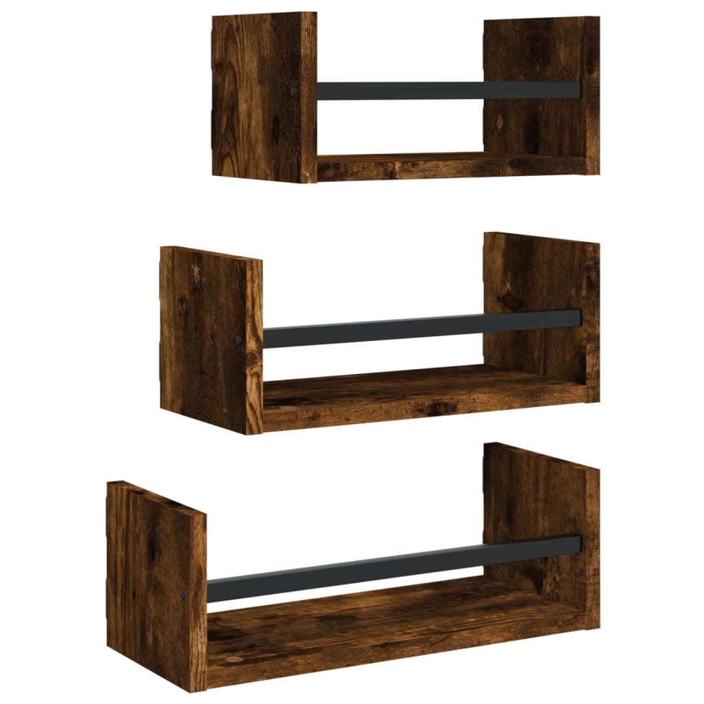 3 Piece Wall Shelf Set with Bars Smoked Oak Engineered wood
